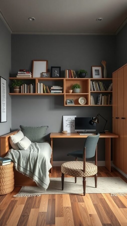 A cozy home office featuring a daybed, desk, and storage solutions.