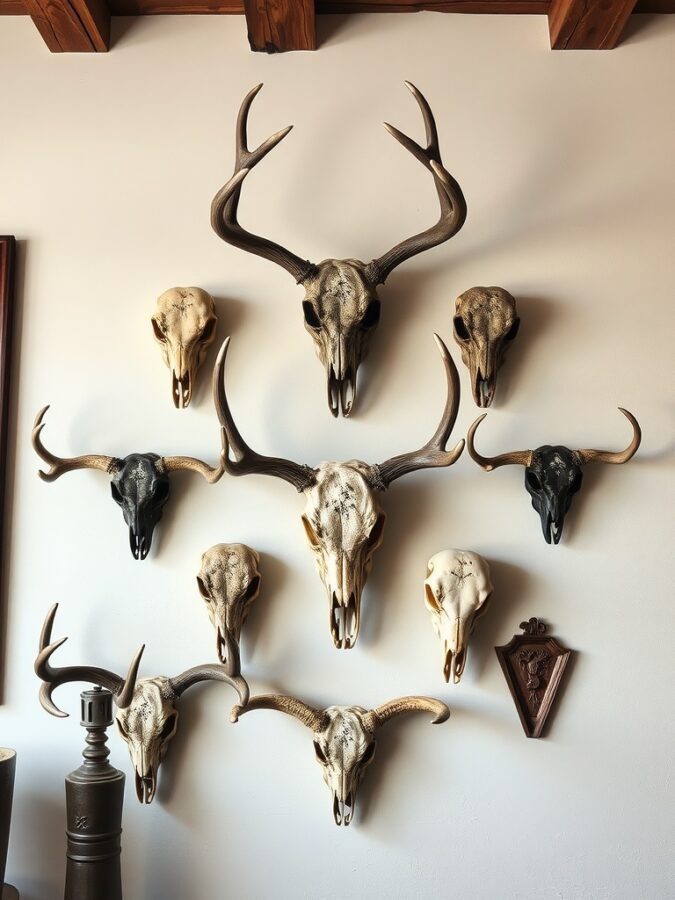 A collection of skulls and antlers mounted on a wall, showcasing various textures and colors.