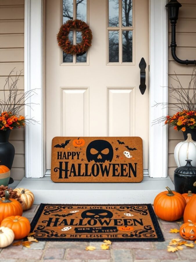 12 Spooktacular Halloween Home Decor Ideas to Transform Your Space 10 Halloween-themed floor mats on a porch with pumpkins and autumn decorations.
