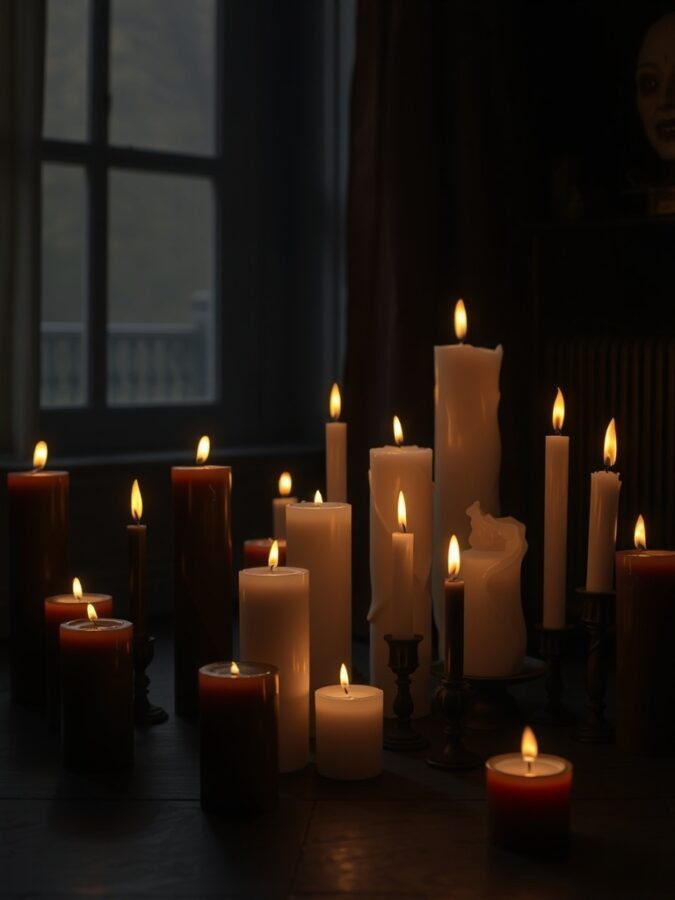 12 Spooktacular Halloween Home Decor Ideas to Transform Your Space 9 A collection of candles in various shapes and sizes, glowing softly in a dimly lit room.