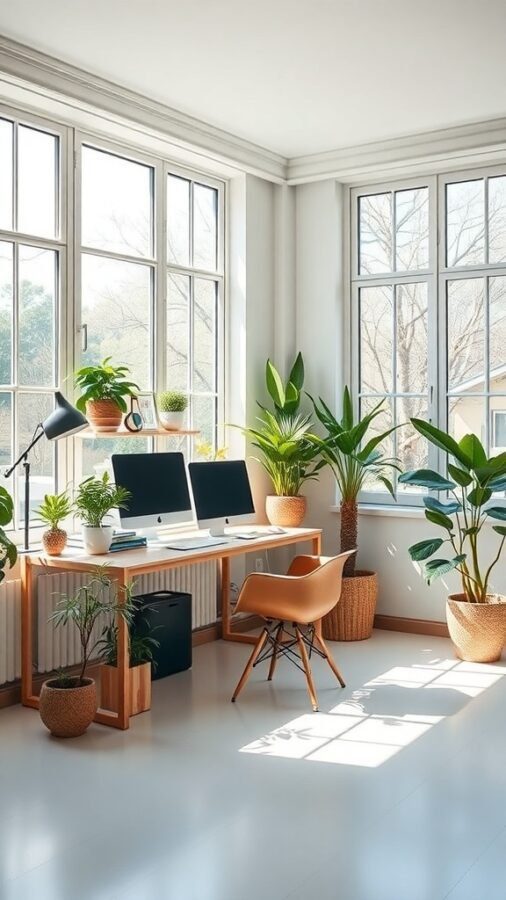 10 Stylish Elements for a Modern Home Office Upgrade 2 A modern home office with large windows, a wooden desk, two computers, and various indoor plants.