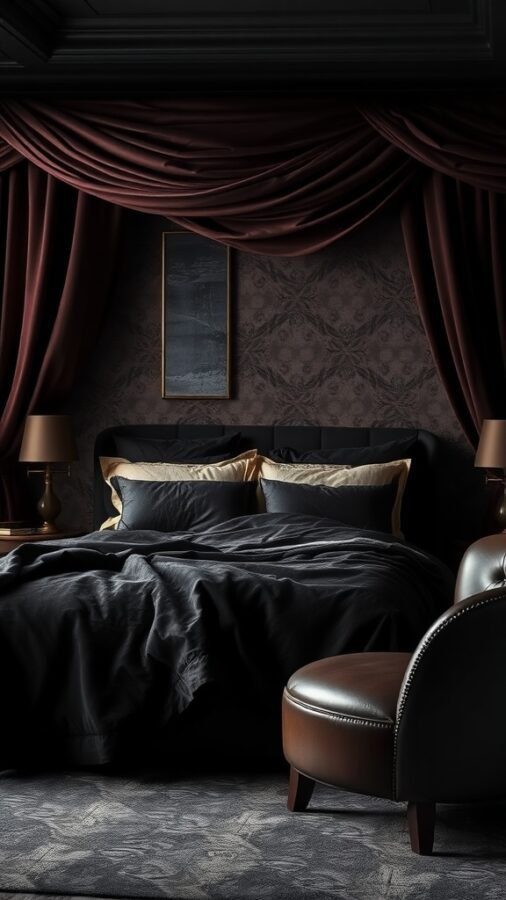 10 Stunning Dark Home Decor Ideas to Transform Your Space 6 A dark-themed bedroom featuring rich textures and fabrics, with deep red curtains, a black bedspread, and a leather chair.