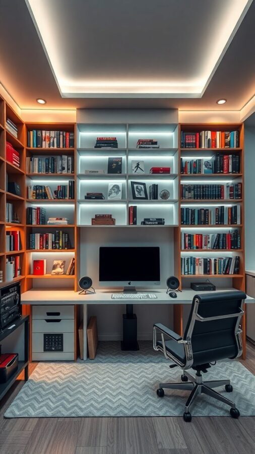 A modern home office library featuring a desk with a computer, bookshelves filled with books, and a comfortable chair.