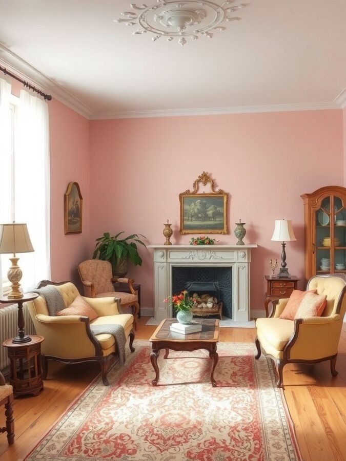 A cozy vintage living room with soft pink walls, yellow armchairs, and a classic coffee table.