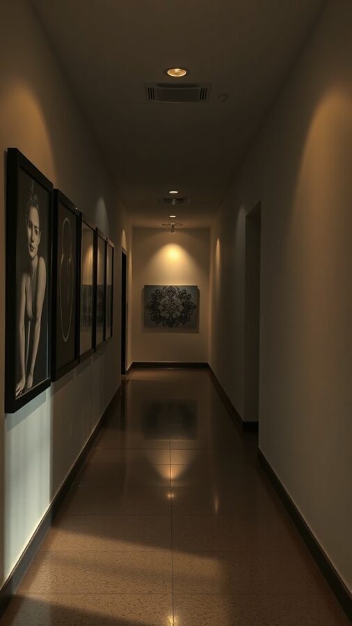 10 Stunning Dark Home Decor Ideas to Transform Your Space 1 A dimly lit hallway with artwork on the walls, showcasing shadows and reflections.