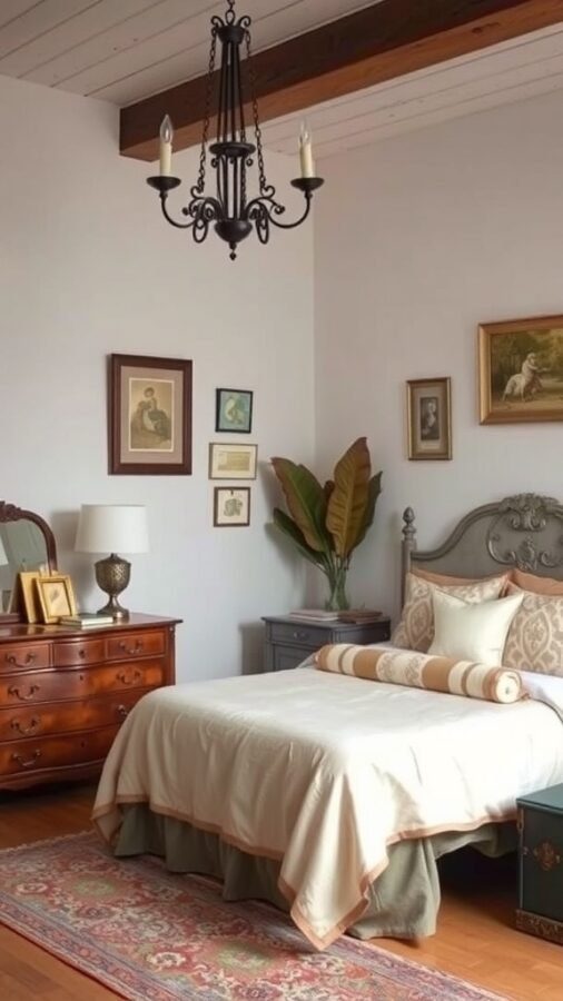 A cozy bedroom featuring vintage decor with modern touches, including a chandelier, wooden dresser, and framed artwork.
