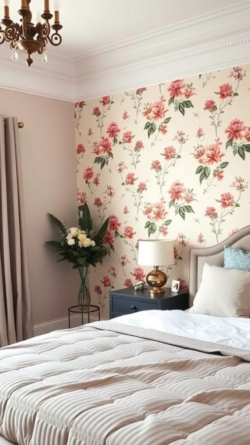 A cozy bedroom featuring floral wallpaper, a chandelier, and a neatly made bed.
