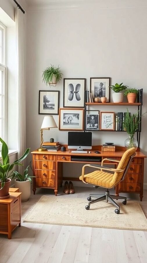 A feminine home office featuring vintage furniture, plants, and artwork.