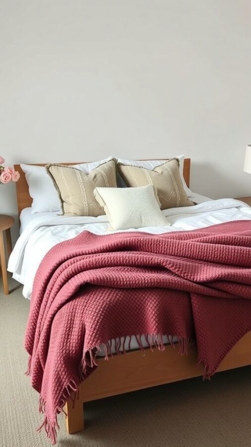 Cozy guest bedroom with a neatly made bed featuring white sheets, a pink blanket, and decorative pillows.