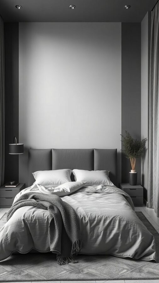 A modern grey bedroom featuring a bed with grey linens, a textured throw, and sleek nightstands.