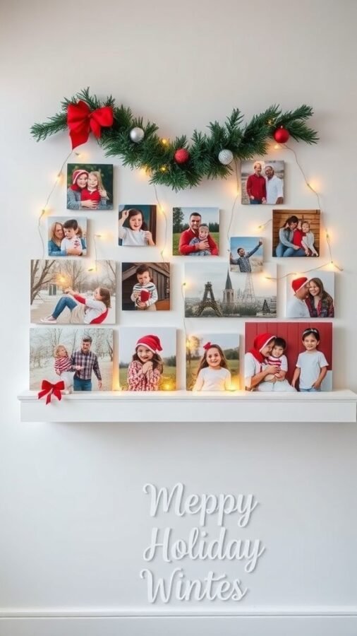 A festive holiday photo display with family pictures, greenery, and lights.