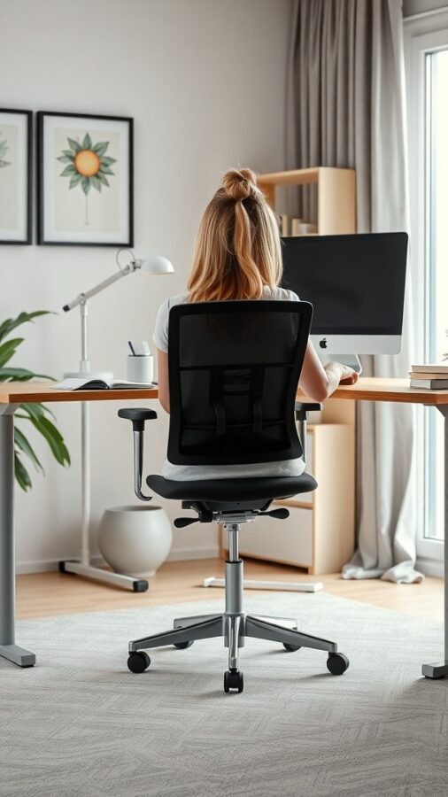 A woman working at a desk in a home office, seated in an ergonomic chair with a computer and lamp.