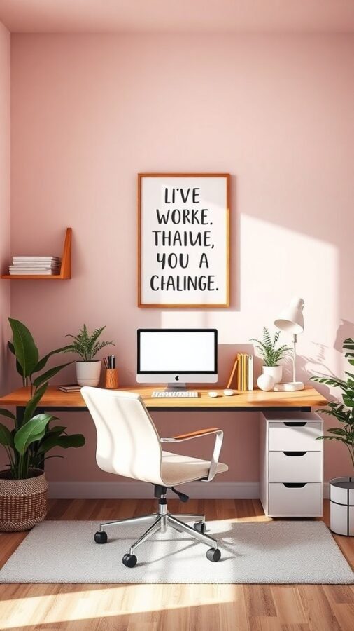 A cozy home office with pink walls, a wooden desk, a computer, plants, and a motivational quote.