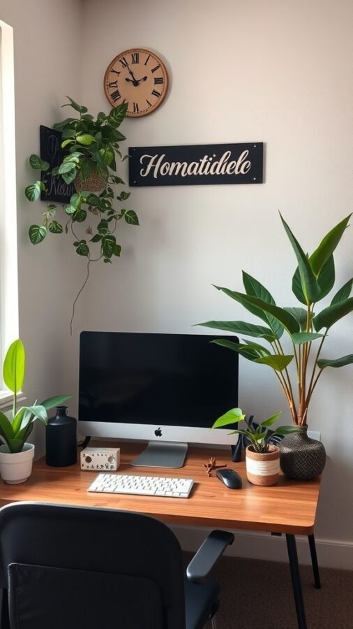 9 Must-Have Items for the Ultimate Home Office for Men 5 A stylish home office with a clock, plants, and a computer setup.