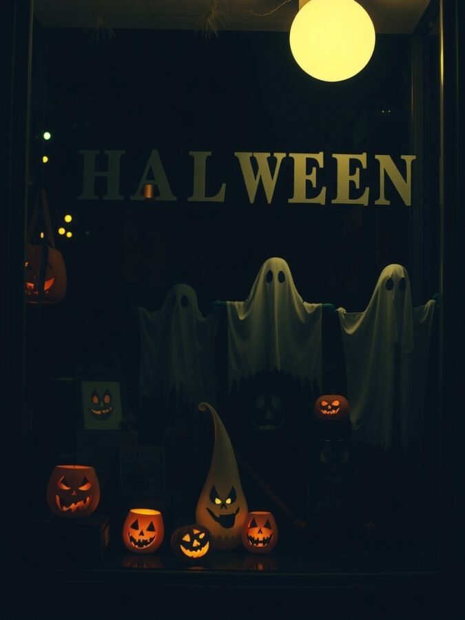 12 Spooktacular Halloween Home Decor Ideas to Transform Your Space 7 A Halloween-themed window display featuring carved pumpkins, ghost decorations, and a glowing light.