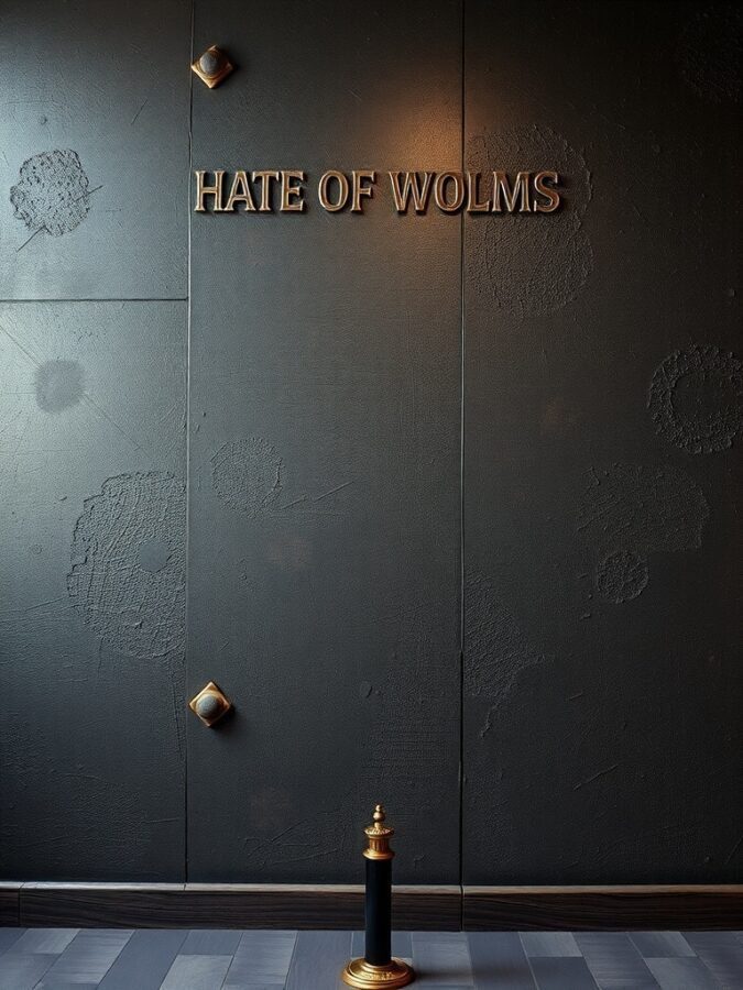 Textured black wall with the phrase 'HATE OF WOLMS' and decorative accents