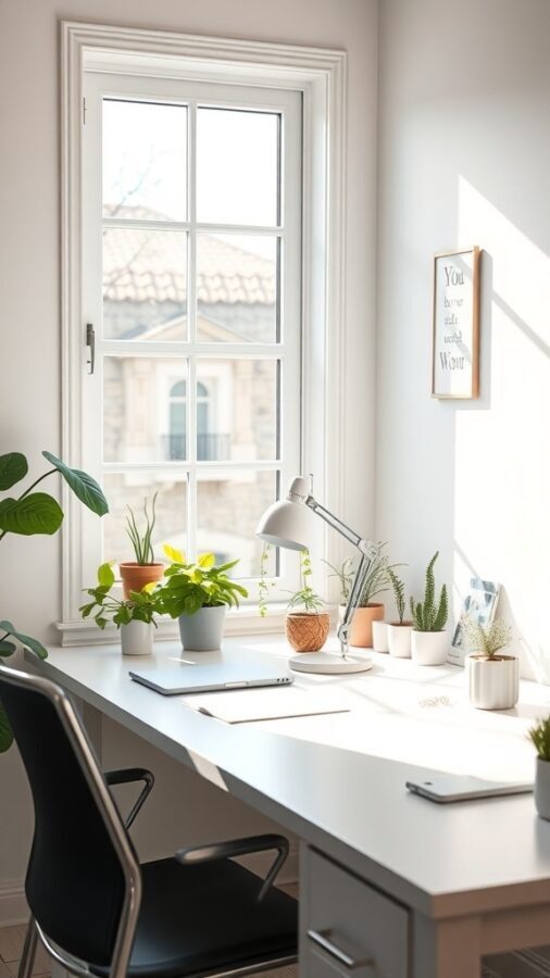 A bright home office desk with a window, plants, and a lamp.