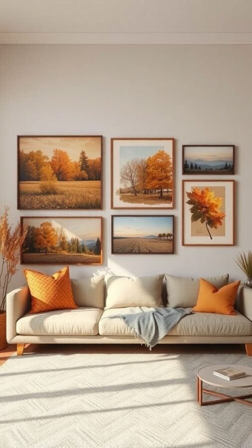 A cozy living room with fall-themed artwork on the walls, featuring warm colors and a comfortable sofa.