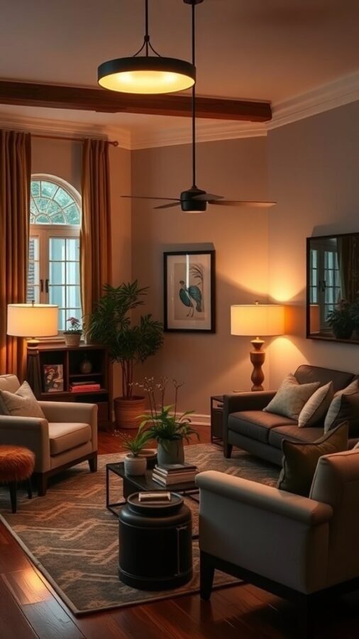 Cozy living room with warm lighting fixtures, featuring a ceiling light and table lamps, creating an inviting atmosphere.