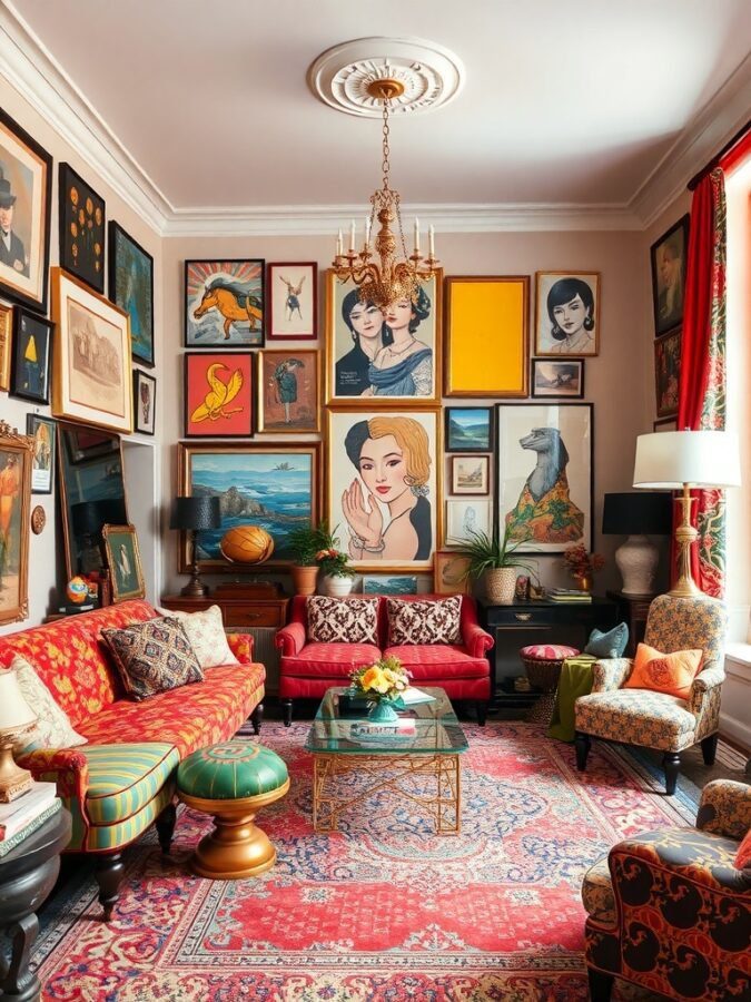 A vibrant living room with bold patterns, eclectic artwork, and layered decor.