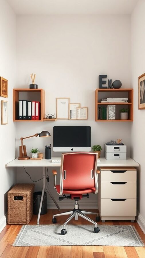 A small home office with a desk, chair, shelves, and decorative items.