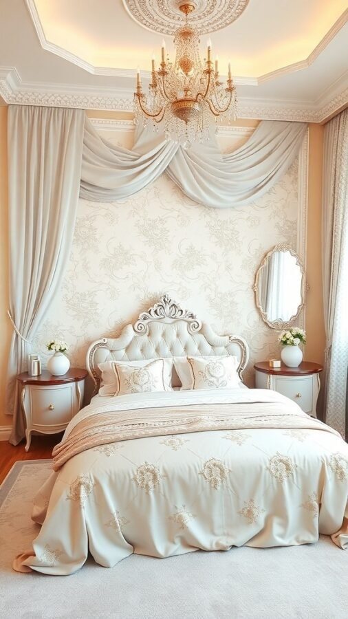 11 Essential Items for a Dreamy Girls' Bedroom Decor 11 A beautifully designed bedroom with a plush bed, elegant chandelier, and soft color palette, perfect for a princess.
