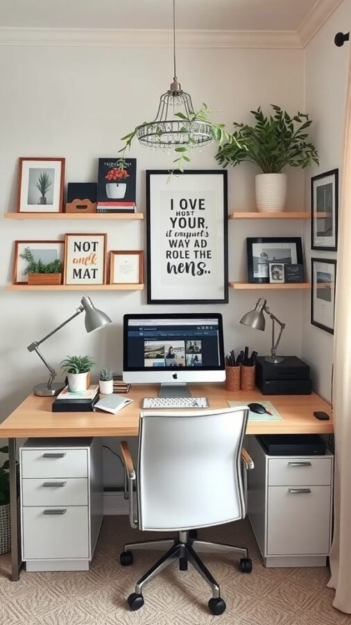 A cozy home office with a desk, computer, plants, and decorative shelves.