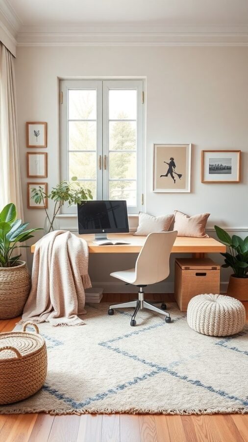 A feminine home office featuring a wooden desk, a comfortable chair, a cozy throw, plants, and a textured rug.