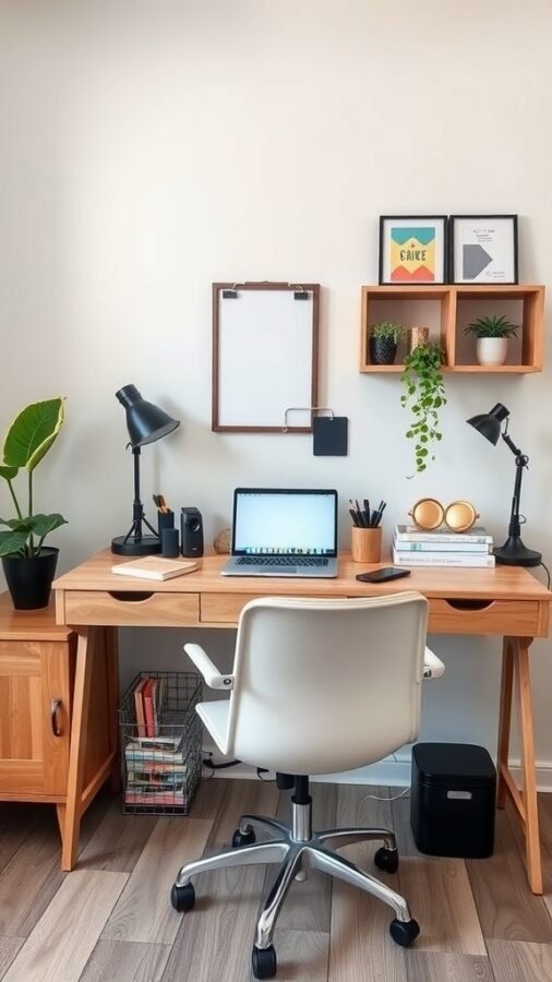 A stylish home office desk arrangement with a laptop, plants, and decorative items.