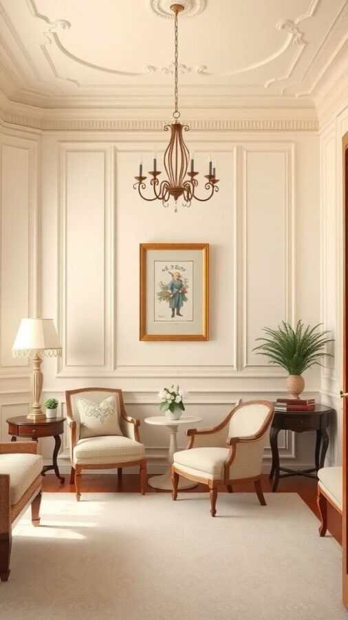 A traditional living room featuring cream walls, elegant furniture, and a chandelier.
