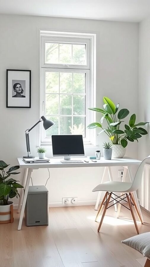 A minimalist home office with a desk, computer, plants, and natural light.