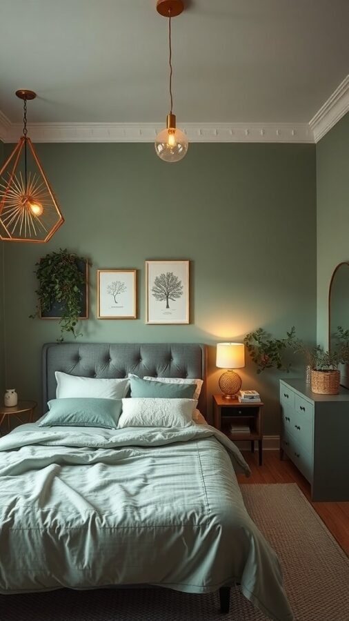 13 Stunning Sage Green Bedroom Ideas for a Serene Retreat 7 A cozy sage green bedroom with modern lighting fixtures, including a pendant light and a stylish lamp.