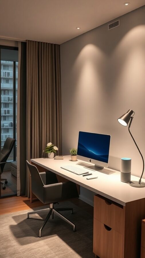 10 Stylish Elements for a Modern Home Office Upgrade 8 A modern home office featuring a sleek desk with a computer, smart speaker, and warm lighting.