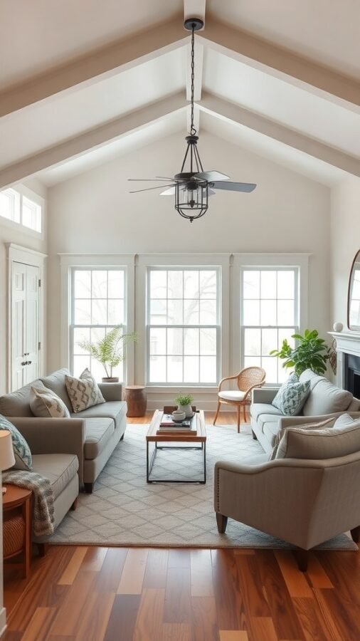 Cozy farmhouse living room with soft sofas, a coffee table, and large windows