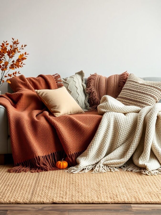 Cozy couch with layered throws and pillows in fall colors.