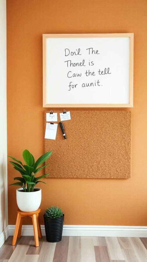 A home office wall featuring a corkboard and whiteboard with plants in front.