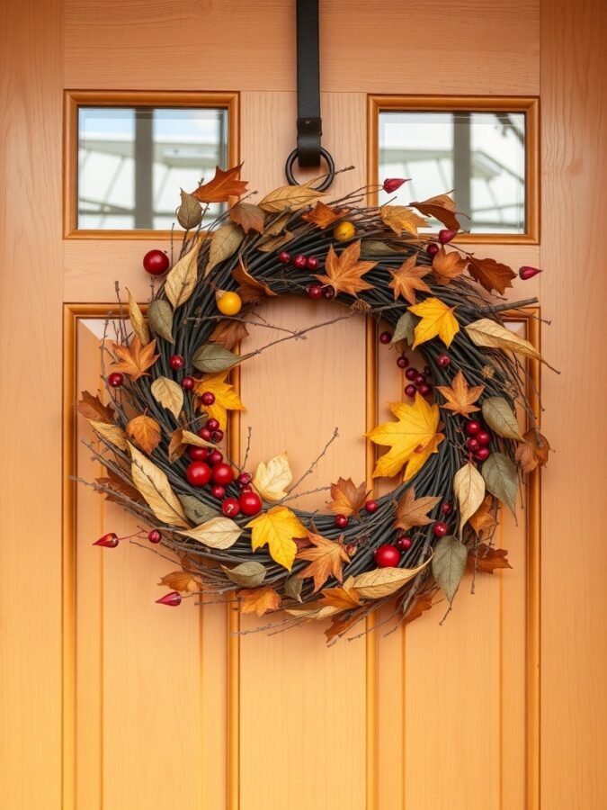 A fall-themed wreath with colorful leaves and berries hanging on a wooden front door.