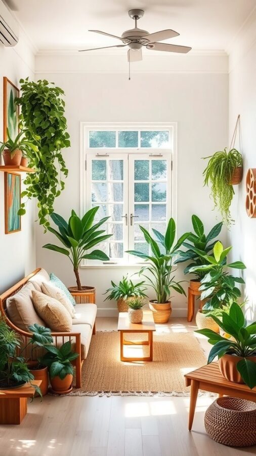 11 Cozy Home Decor Must-Haves for a Warm and Inviting Space 5 Cozy living room with plants, natural light, and wooden furniture