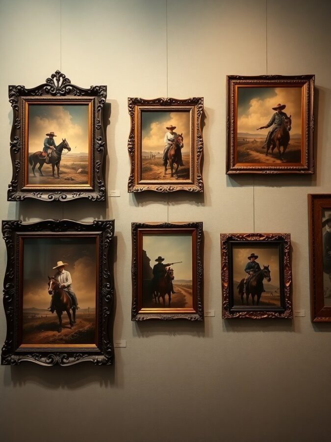 A collection of vintage western paintings featuring cowboys on horseback, displayed in ornate frames.