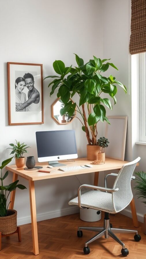 8 Essential Items for the Perfect Home Office Setup 7 A cozy home office setup with various indoor plants, a wooden desk, and a comfortable chair.