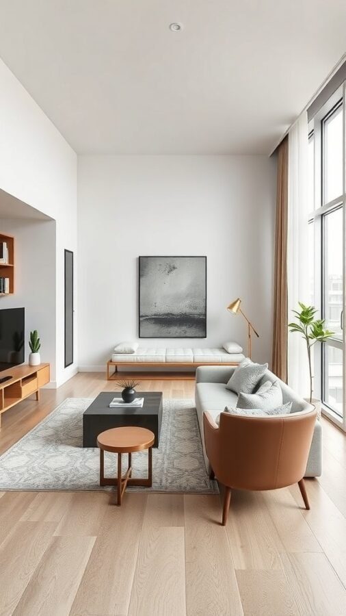 A minimalist living room with functional furniture, featuring a black coffee table, light-colored sofa, and large windows.