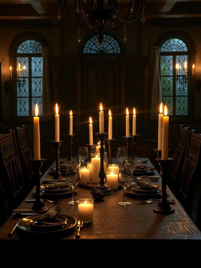 A candlelit dining table with dark wood furniture, elegant table settings, and flickering candles creating a cozy atmosphere.