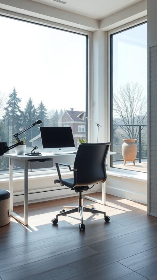 A bright home office with large windows, a desk, and a chair, showcasing natural light.