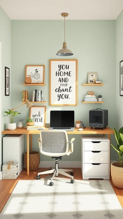 A small home office with green walls, a wooden desk, and motivational artwork.