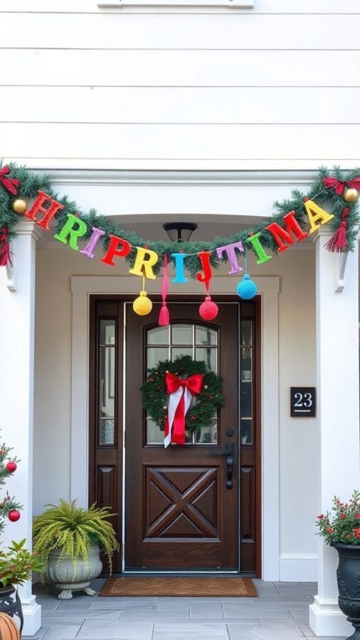 Colorful decorative banner and garland at a home entrance