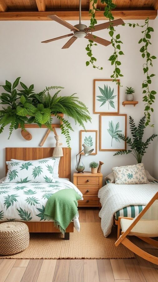 11 Essential Items for a Dreamy Girls' Bedroom Decor 10 A nature-inspired girl's bedroom with plants, leaf-patterned bedding, and wooden furniture.
