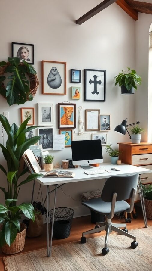 A well-organized home office with plants, art on the walls, and a clean desk.