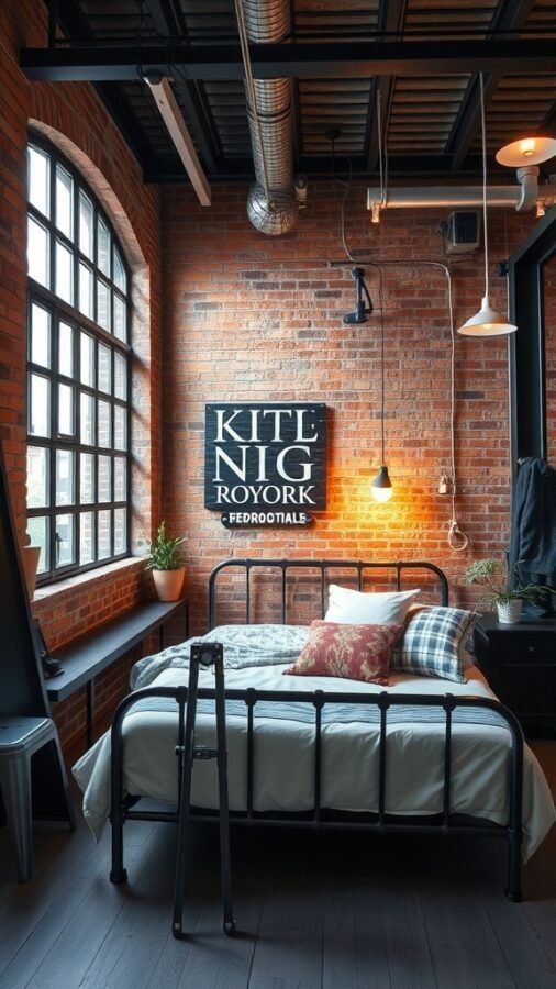 A stylish teen boy bedroom featuring industrial chic design with metal accents, exposed brick wall, and cozy decor.