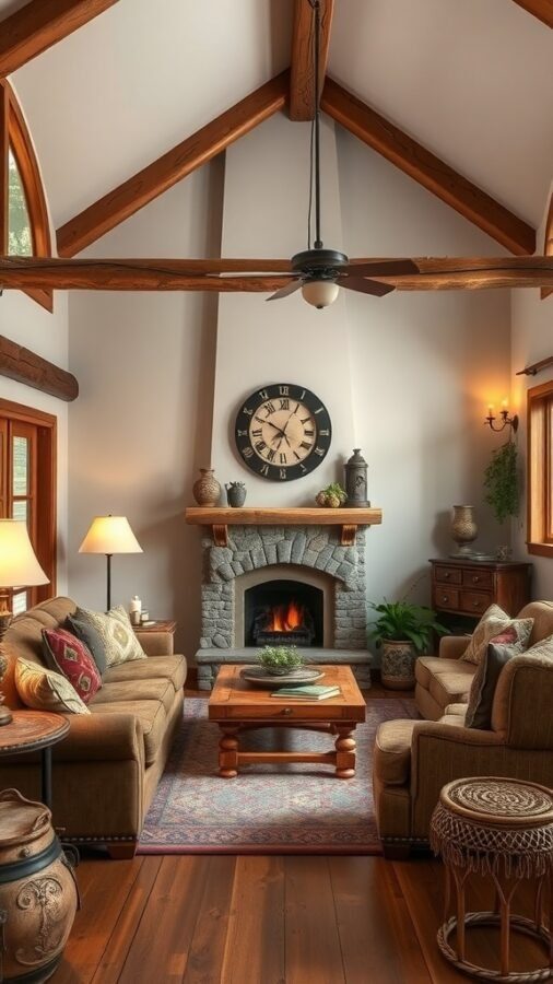 A cozy living room featuring rustic wooden beams, a stone fireplace, and warm-toned furniture.