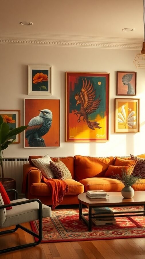 Cozy living room with warm colorful artwork on the walls